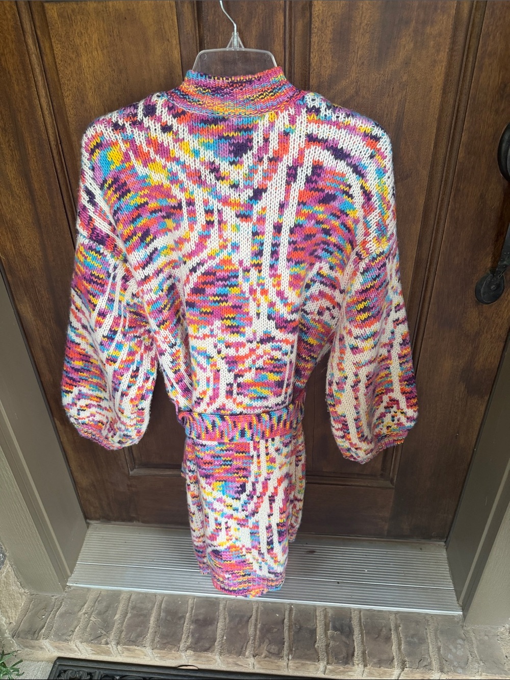 FARM Rio Multicolor Knit Belted Heart Cardigan in Pink Orange Yellow Blue Cream - Picture 3 of 7